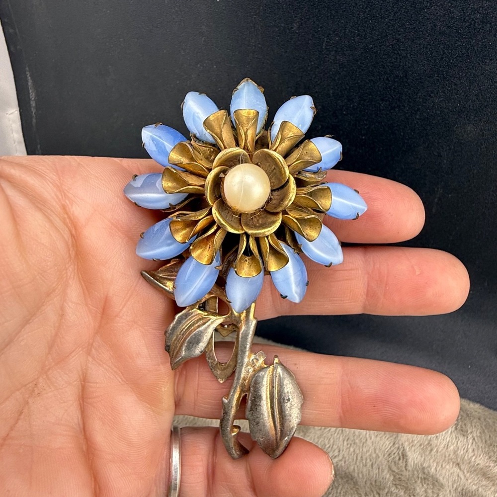Vintage Flower Dress Clip Blue Moon Glow Gold Tone